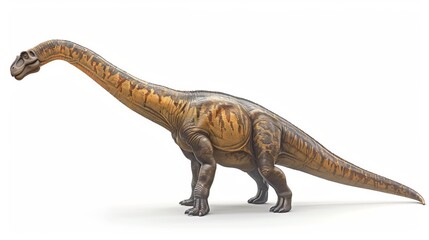 Fototapeta premium A detailed and realistic depiction of a long-necked dinosaur, showcasing its elongated neck and tail, captured in a side profile view against a white background.