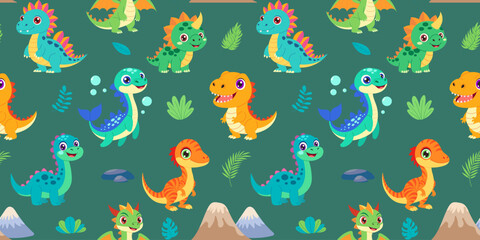A green background with a bunch of different colored dinosaurs. The dinosaurs are all smiling and looking happy