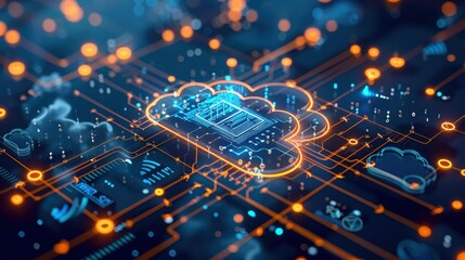 Fototapeta premium CSPM system, featuring cloud compliance monitoring, in a cloud infrastructure setting, emphasizing secure cloud configurations. 