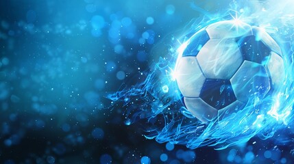 Naklejka premium A glowing soccer ball surrounded by vibrant electric blue abstract patterns, representing energy and excitement. Perfect for sports and digital art enthusiasts.
