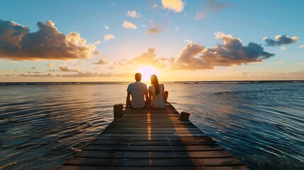 Fototapeta premium Man and Woman watching sunset on a wooden pier in the ocean on a tropical beach in Mauritius a couple on a honeymoon vacation in Mauritius : Generative AI