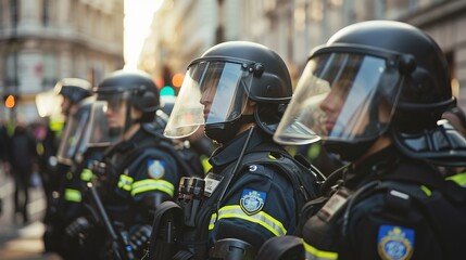 A group of riot police officers standing in a line, dressed in protective gear including helmets, shields, and tactical vests, maintaining order and ensuring public safety.