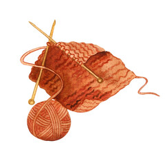 Watercolor cozy autumn illustration of knitting handmade. Hand painted element for handmade design.