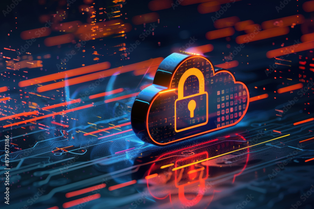 Poster cloud computing symbol with a glowing padlock is floating above a circuit board, representing data p