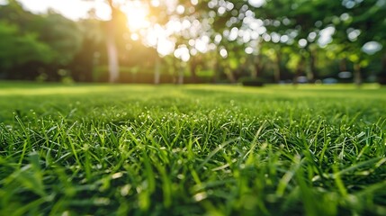 Naklejka premium Closeup of beautiful green lawn in park Action Movement on surface of green lawn in park on sunny summer day Beautiful manicured lawn in park : Generative AI