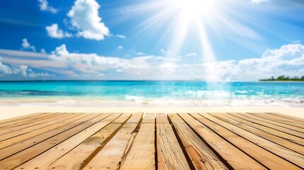 Fototapeta premium Table on Sea Summer Background Top Wooden Deck on White Beach Sand Blue Water and Sun Sunny Day Pier Ocean Tropical Outdoor Landscape Texture Sky Horizon Spring Backdrop for Vacation T : Generative AI
