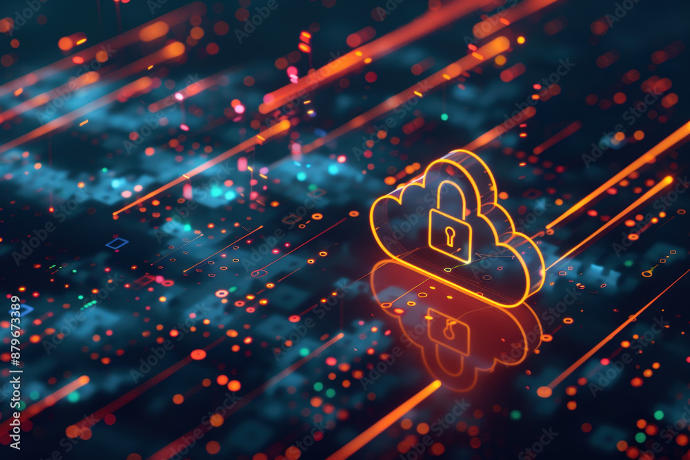 Poster data cloud computing symbol with a padlock is glowing over a circuit board, representing data protec