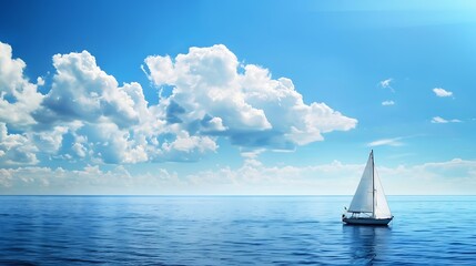Obraz premium Yacht sailboat sailing alone on calm blue sea waters on a beautiful sunny day with blue sky and white clouds : Generative AI