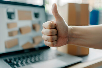 A happy customer giving a thumbs up next to a laptop showing product reviews, Ratings and feedback after receiving the product