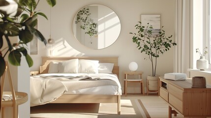 Bedroom in light colors with wooden eco furniture and accessories with a mirror and a panoramic window The concept of a laconic Scandinavian interior Copyspace : Generative AI