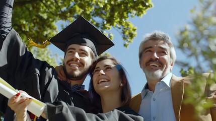 School or college graduation ceremony Young man in gown and cap with his family Moher and father cheer at celebration of successful diploma certificate High school graduate in robe and : Generative AI