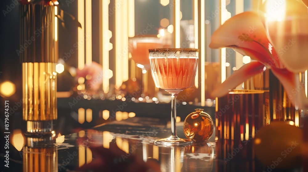Poster cocktails in art deco style elegant party with drink and some bit : generative ai