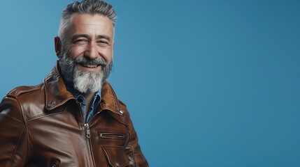 Obraz premium Handsome smiling bearded mature man with stylish gray hair wearing brown leather jacket looking at camera isolated on blue background : Generative AI