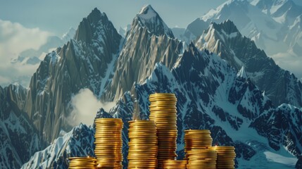 A mountain range of gold coin peaks symbolizes the heights achievable through smart dividend investments.