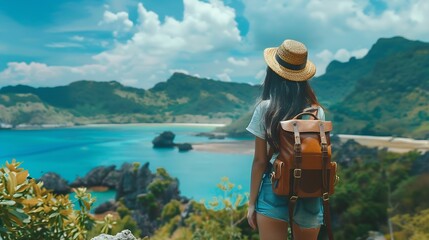 Asian woman with backpack travel at tropical island and resting on mountain peak in summer sunny day Attractive girl enjoy outdoor lifestyle looking beautiful ocean nature on beach hol : Generative AI