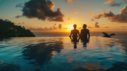 Fototapeta premium Young men and women watching the sunset with reflection in the infinity swimming pool at Saint Lucia Caribbean couple at infinity pool during sunset on a luxury vacation at St Lucia : Generative AI
