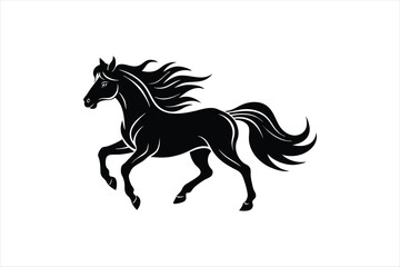  A powerful and majestic linocut horse silhouette, with flowing mane and tail 