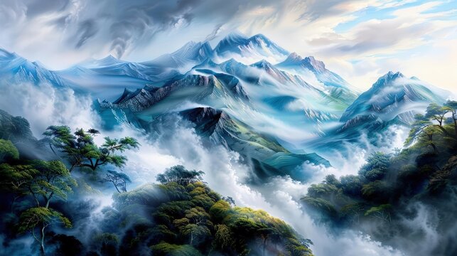 Realistic oil painting of misty mountain landscape