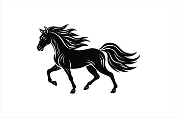  A powerful and majestic linocut horse silhouette, with flowing mane and tail 