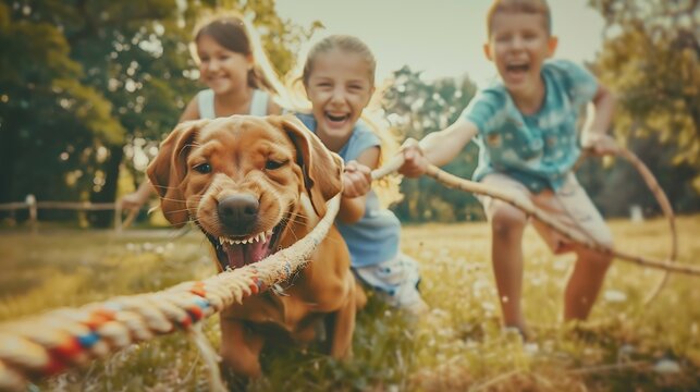Children playing with their family pet dog tug of war game : Generative AI - Powered by Adobe