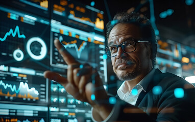 Confident male professional surrounded by high-tech digital data visualizations, showcasing futuristic technology and analytics in a corporate setting
