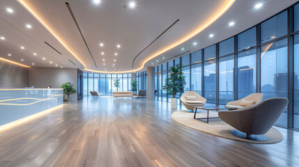 Modern Office Interior with Energy-Efficient LED Lighting, Sleek Design, and Warm Ambiance | Spacious Copy Space for Text