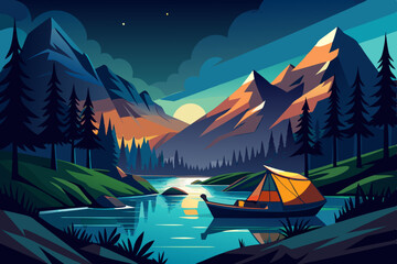 Illuminated tent and boat rowing at the mountains near a river stock illustration