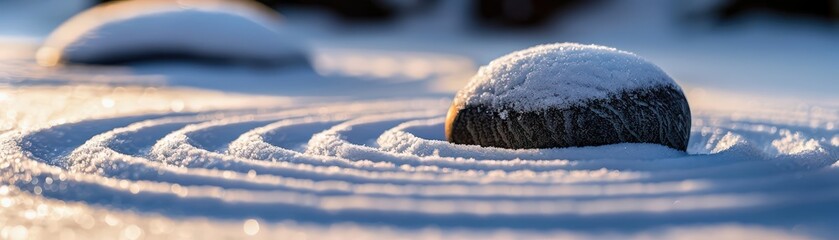 Snow-covered zen rock garden, raked patterns