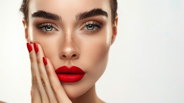Gorgeous Young Brunette Woman face portrait Beauty Model Girl with bright eyebrows perfect makeup red lips touching her face Sexy lady makeup for party Isolated on white background : Generative AI