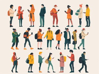 A group of people are walking down the street, all of them holding cell phones. Some of them are wearing backpacks and jackets. The scene is a representation of the modern world