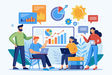 Team analysis and summary of work progress and data management stock illustration