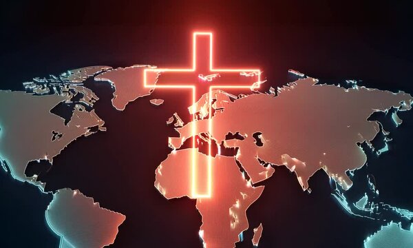 Red glowing holy cross of Jesus Christ and world map and global missions,.