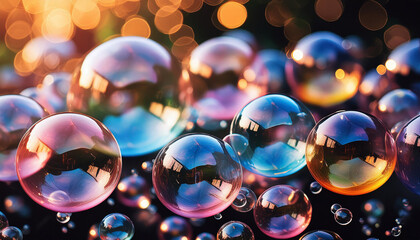 Rainbow soap bubbles against black background. Abstract multi-color backdrop. Bubble show.