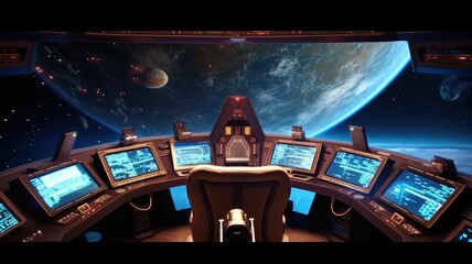 Futuristic spaceship cockpit interior with a view of space station and stars. A large spaceship window show view of space and modern cockpit with control panel with glowing light. Technology. AIG35.