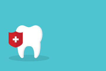 Dental Care, protection. Tooth icon and red protection shield.	

