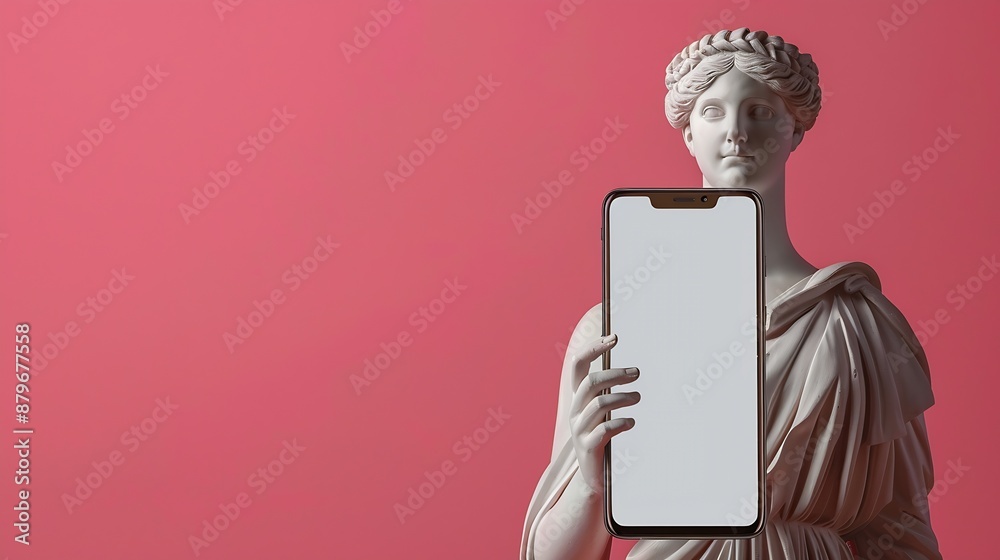 Poster fashion design in magazine and pop art style statue holding modern blank frameless screen smartphone