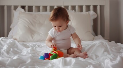 A baby girl wearing a white onesie sits on a white bed with a white comforter The baby is playing with colorful plastic toys The babys face is turned to the side and she is looking at  : Generative AI