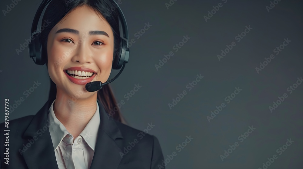 Poster Asian female call center operator with happy smile face advertises job opportunity on empty space wearing formal suit and headset on customizable isolated background for job recruitmen : Generative AI