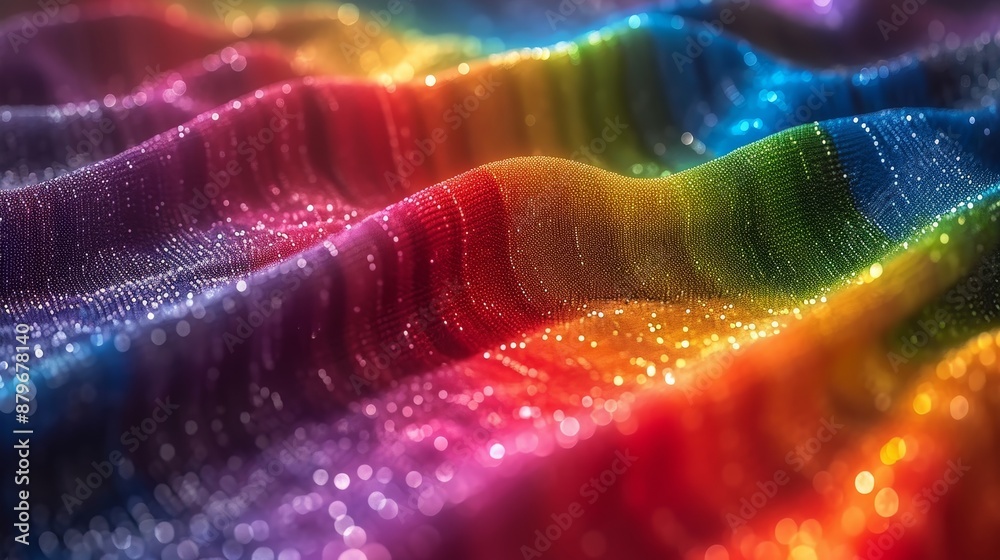 Leinwandbilder A colorful fabric with a rainbow pattern is draped and lit by sparkling lights, creating a mesmerizing abstract image