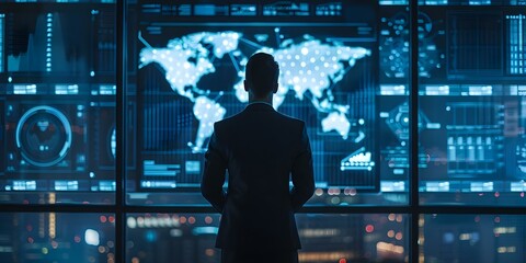 Cyber Analyst Monitoring Data Protection and Privacy on Large Screen. Concept Data Privacy, Cybersecurity, Online Protection, Technology Trends