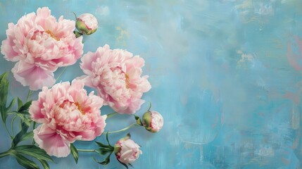 Soft pink Peonies on blue denim background banner