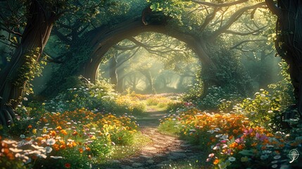 A magical forest with vibrant green trees, colorful flowers and sunlight filtering through the leaves. A winding path leads to an ancient tree that has a large wooden archway carved. Generative AI.