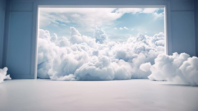 White blue fantastic 3d clouds in the room interior, sky and landscape. Gentle colors and with bright lights.