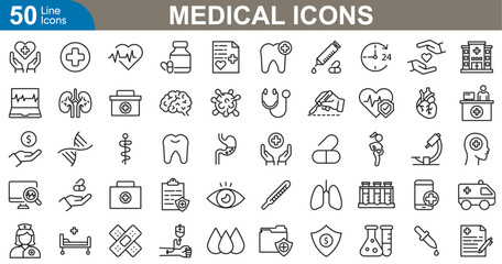 Medical line icons set. Health, nurse, clinic, bandage, heartbeat, mental health, hospital and more. vector illustration 