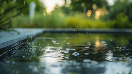 Fototapeta premium Raindrops on Water in Lush Garden