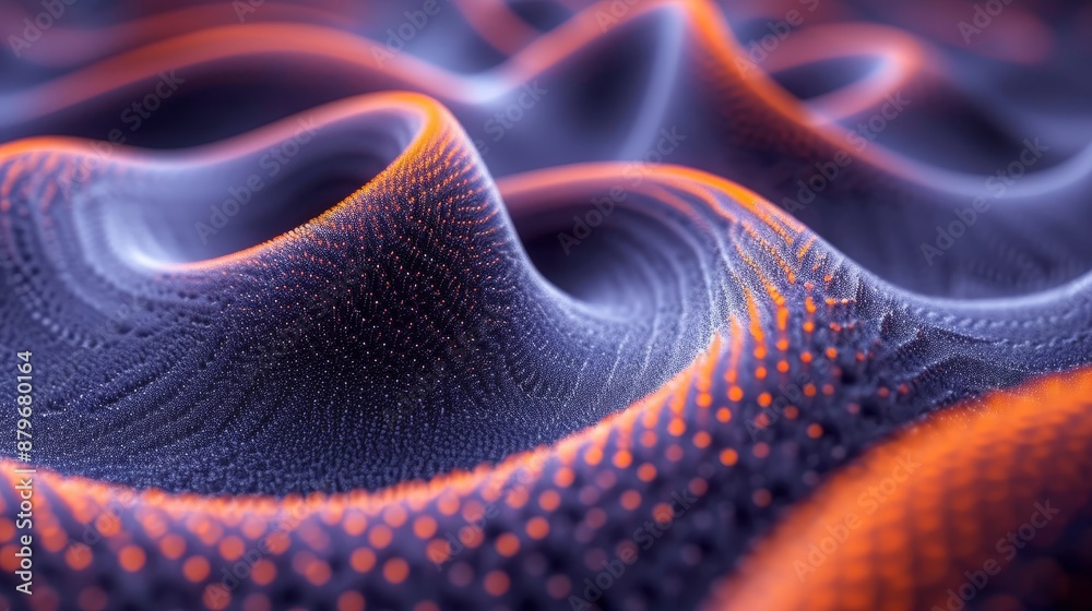 Poster a close-up view of a digital abstract design featuring wavy, glowing orange and blue patterns