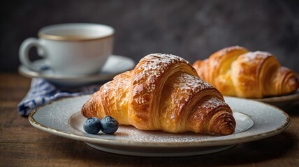 Close-up photo of a very delicious Croissant. Croissant crispy on the outside and fluffy on the inside. Freshly made croissant. Warm croissant. toasted croissant