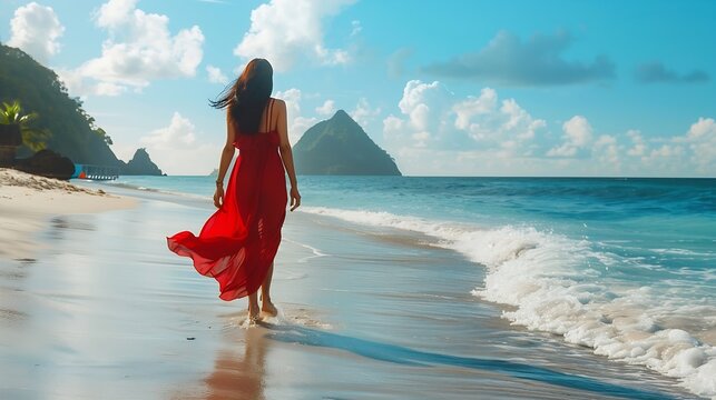 St Lucia Caribbean woman on vacation at the tropical Island of Saint Lucia Caribbean ocean an Asian woman in red dress walking on the beach : Generative AI