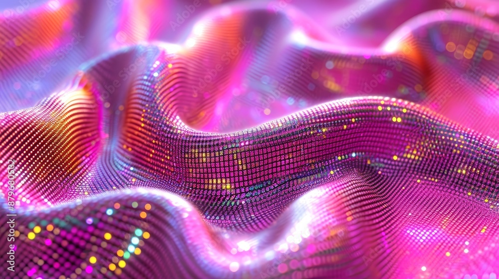 Poster A pink and purple grid pattern with a shiny texture, forming abstract waves in the background