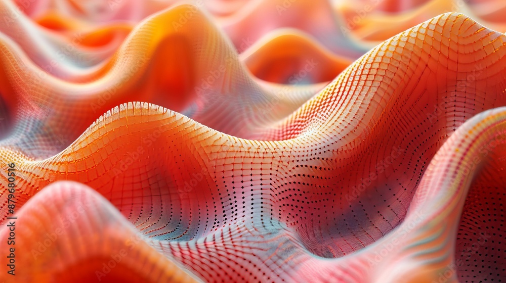 Poster A close-up shot of a textured fabric with a wavy pattern, featuring orange, red, and white tones and a dotted design